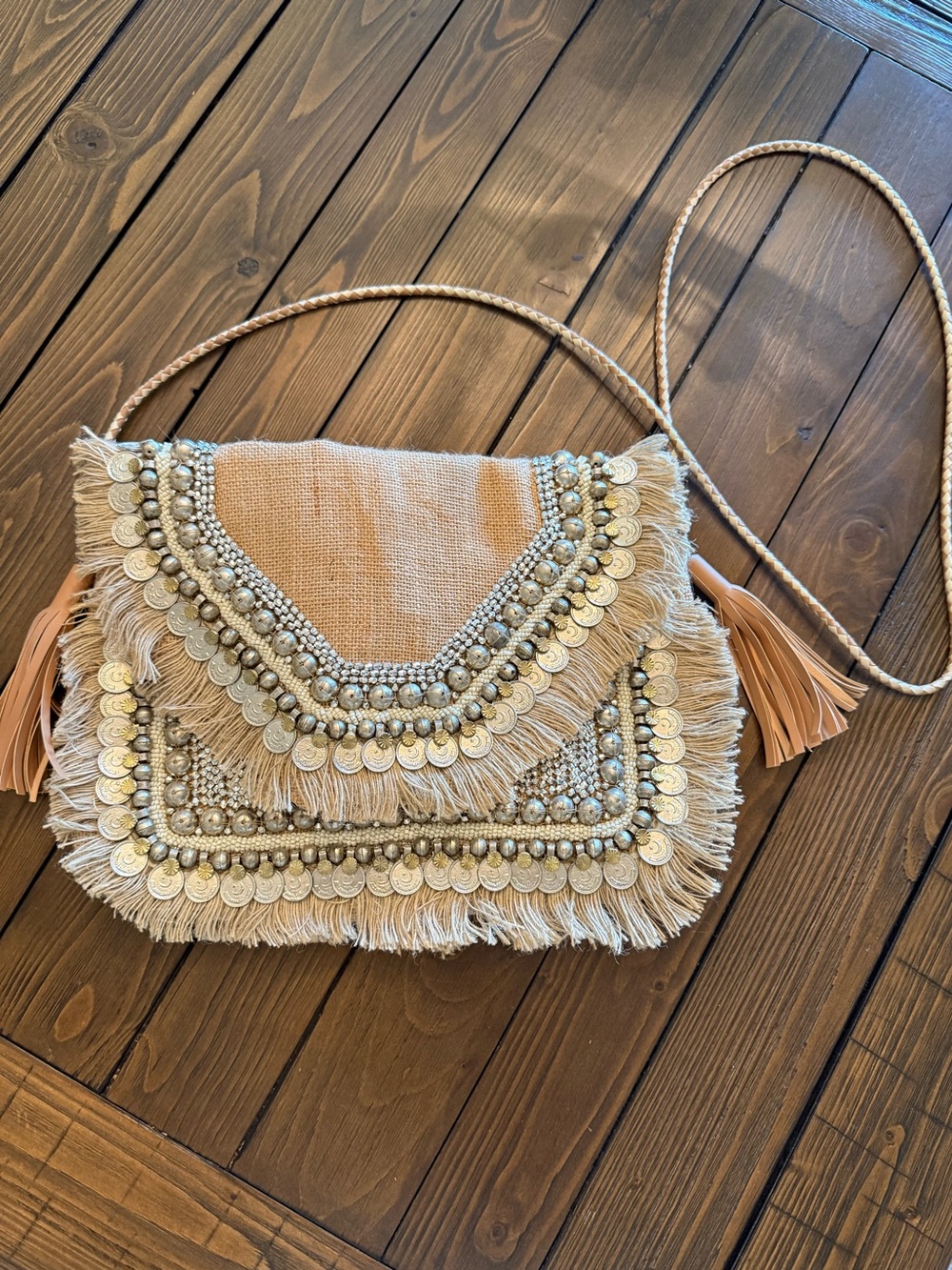 Boho Bling Fringe Crossbody Bag with Coin & Bead Embellishments - Beige
